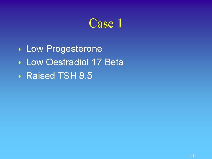 Case 1 s s s Low Progesterone Low Oestradiol 17 Beta Raised TSH 8.