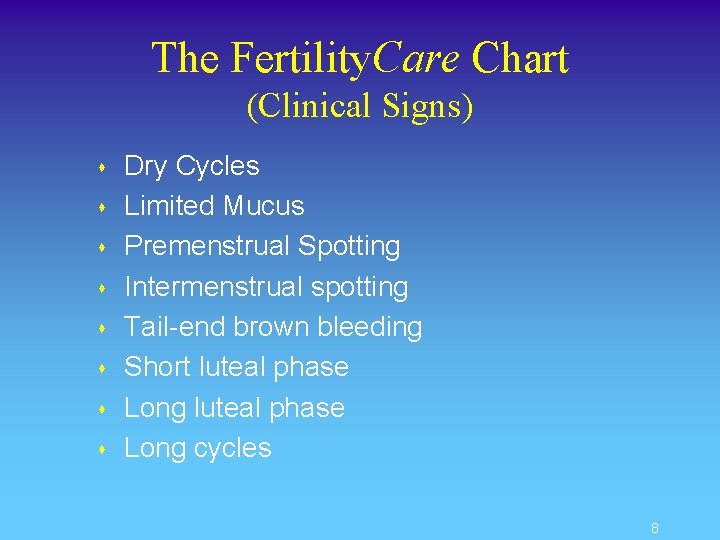 The Fertility. Care Chart (Clinical Signs) s s s s Dry Cycles Limited Mucus