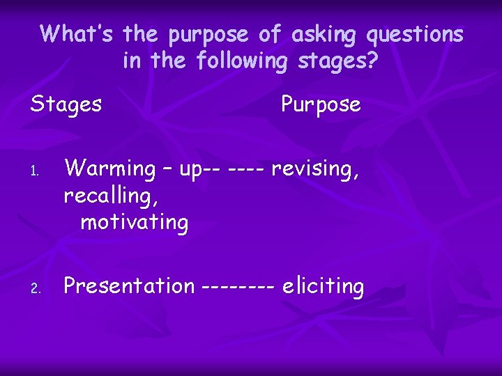 What’s the purpose of asking questions in the following stages? Stages 1. 2. Purpose