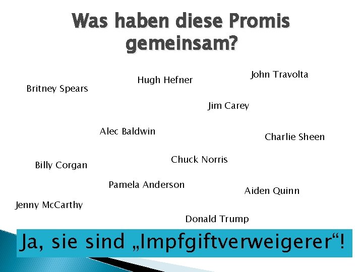 Was haben diese Promis gemeinsam? Britney Spears John Travolta Hugh Hefner Jim Carey Alec