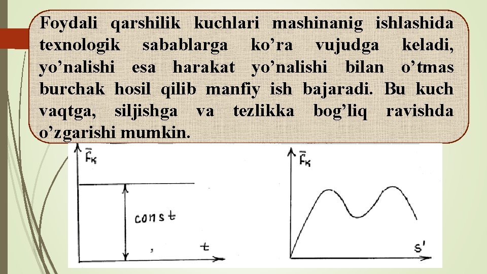 Foydali qarshilik kuchlari mashinanig ishlashida texnologik sabablarga ko’ra vujudga keladi, yo’nalishi esa harakat yo’nalishi