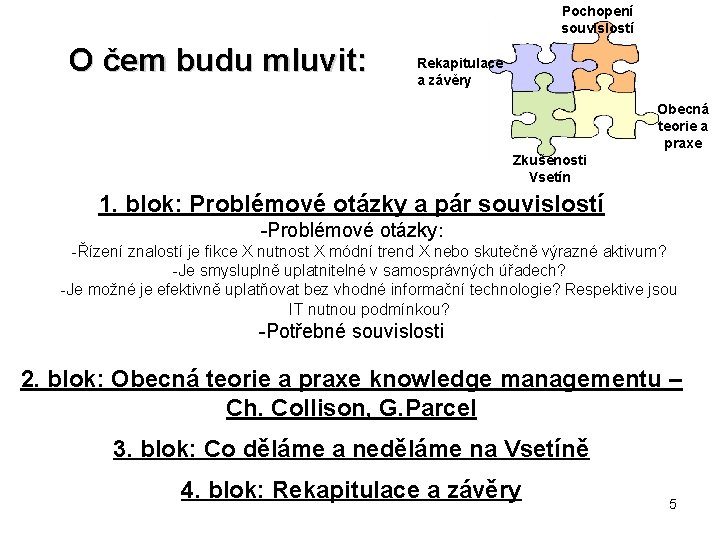 Pochopení souvislostí O čem budu mluvit: Rekapitulace a závěry Obecná teorie a praxe Zkušenosti