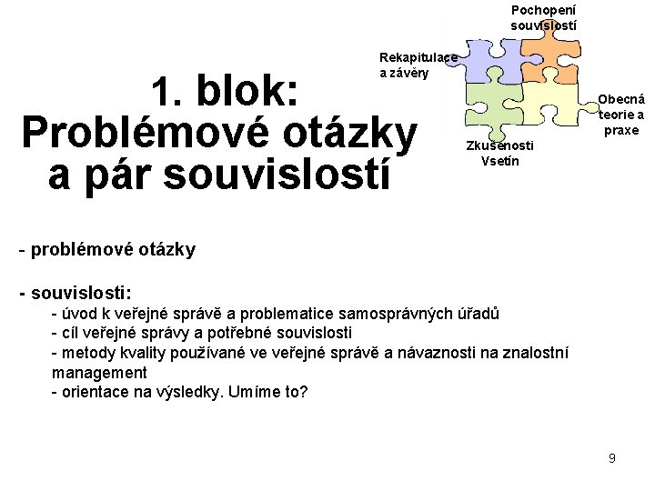 Pochopení souvislostí 1. blok: Rekapitulace a závěry Problémové otázky a pár souvislostí Obecná teorie