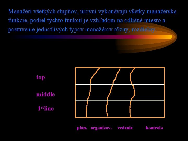 Manažéri všetkých stupňov, úrovní vykonávajú všetky manažérske funkcie, podiel týchto funkcií je vzhľadom na