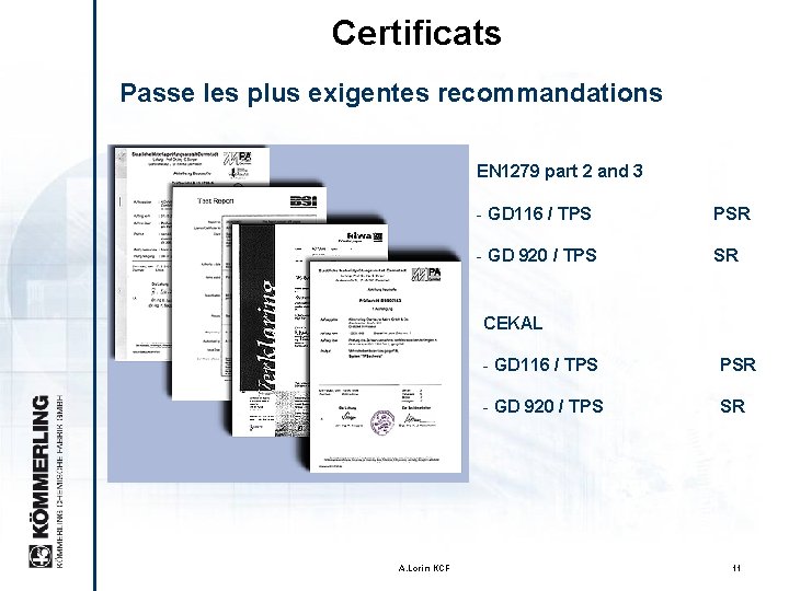 Certificats Passe les plus exigentes recommandations EN 1279 part 2 and 3 - GD