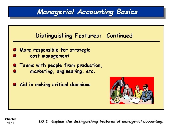 Managerial Accounting Basics Distinguishing Features: Continued More responsible for strategic cost management Teams with