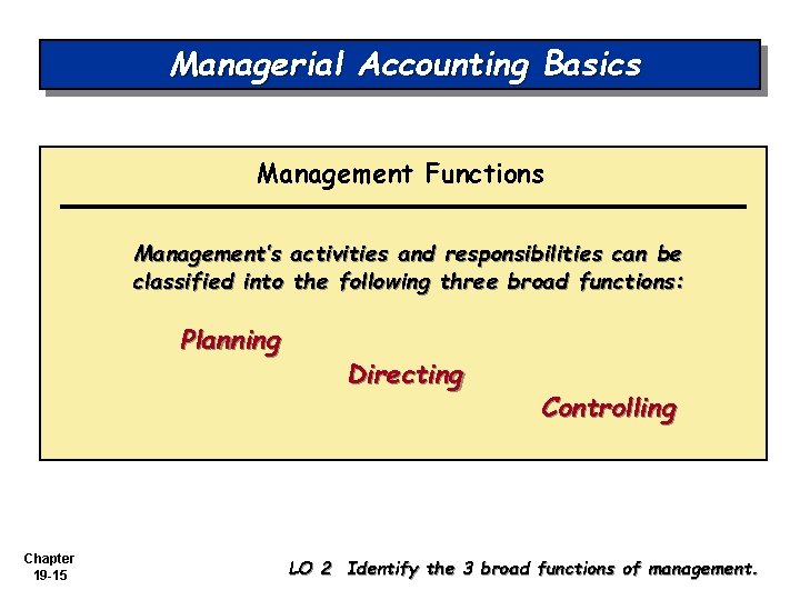 Managerial Accounting Basics Management Functions Management’s activities and responsibilities can be classified into the