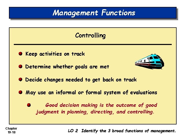 Management Functions Controlling Keep activities on track Determine whether goals are met Decide changes