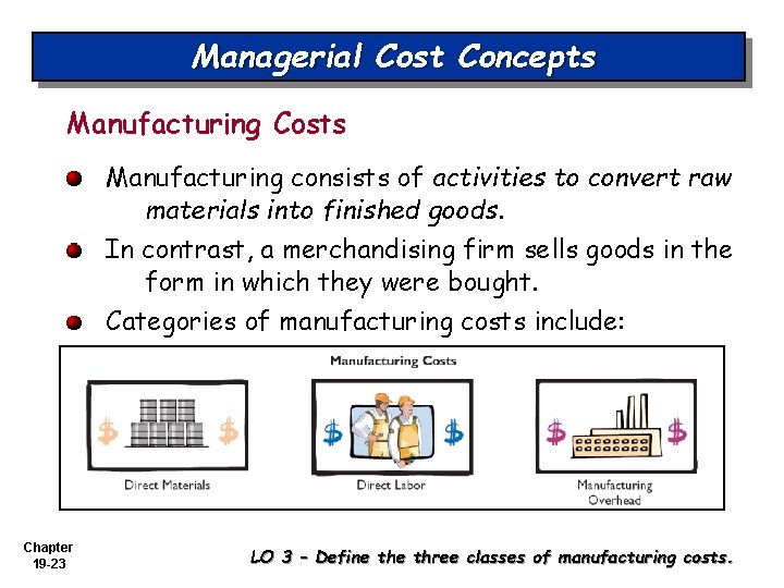 Managerial Cost Concepts Manufacturing Costs Manufacturing consists of activities to convert raw materials into