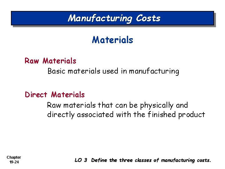 Manufacturing Costs Materials Raw Materials Basic materials used in manufacturing Direct Materials Raw materials