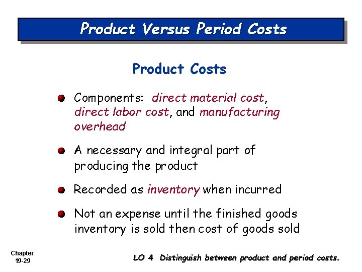 Product Versus Period Costs Product Costs Components: direct material cost, direct labor cost, and