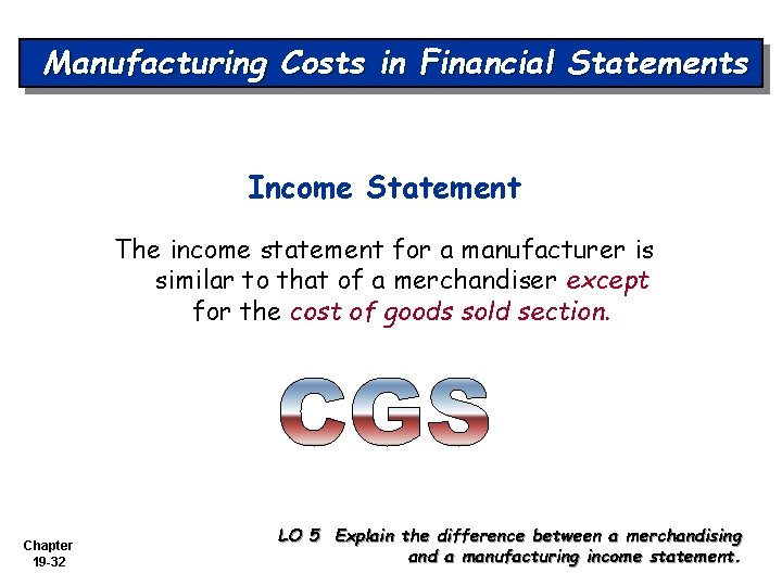 Manufacturing Costs in Financial Statements Income Statement The income statement for a manufacturer is