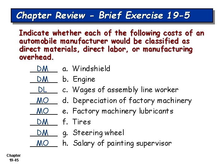 Chapter Review - Brief Exercise 19 -5 Indicate whether each of the following costs