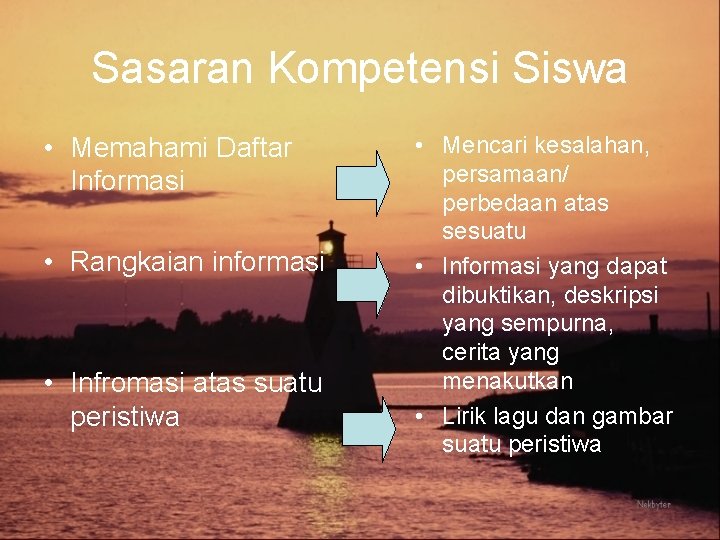 Sasaran Kompetensi Siswa • Memahami Daftar Informasi • Rangkaian informasi • Infromasi atas suatu