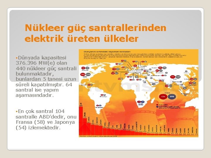  Nükleer güç santrallerinden elektrik üreten ülkeler §Dünyada kapasitesi 376. 396 MW(e) olan 440