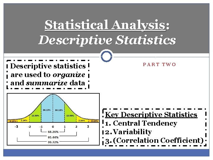 Statistical Analysis: Descriptive Statistics Descriptive statistics are used to organize and summarize data PART