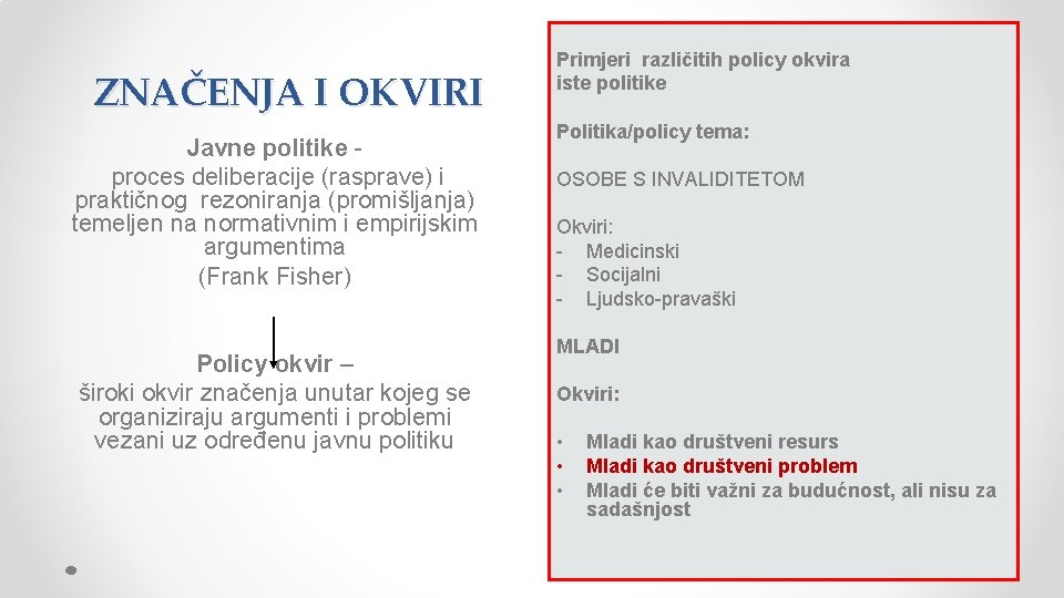 ZNAČENJA I OKVIRI Javne politike proces deliberacije (rasprave) i praktičnog rezoniranja (promišljanja) temeljen na