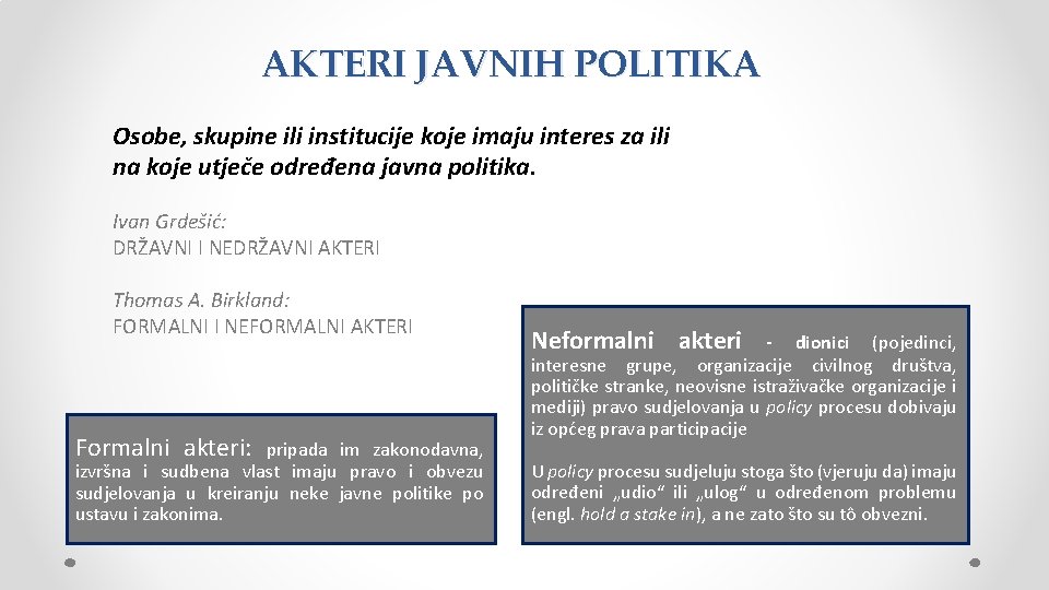 AKTERI JAVNIH POLITIKA Osobe, skupine ili institucije koje imaju interes za ili na koje