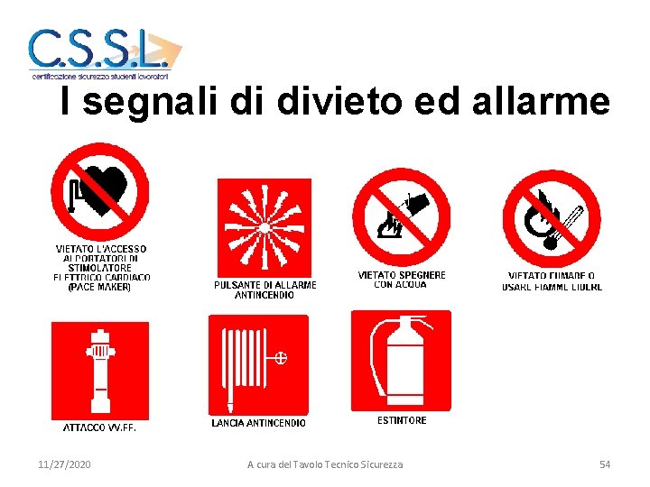 I segnali di divieto ed allarme 11/27/2020 A cura del Tavolo Tecnico Sicurezza 54