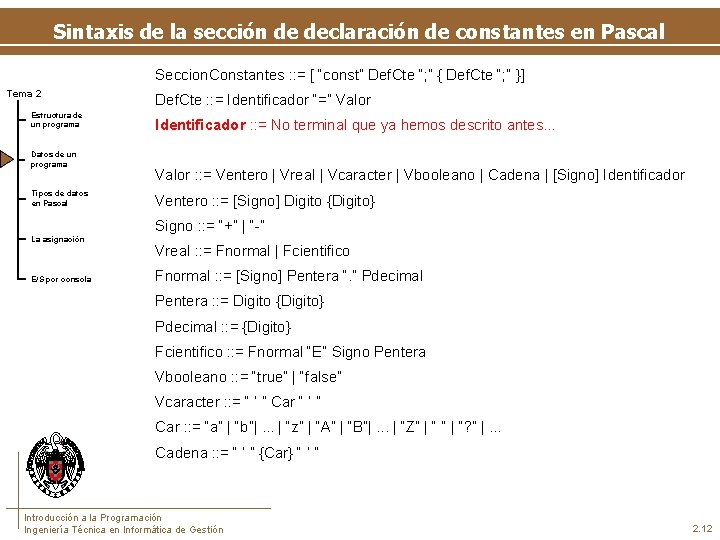 Sintaxis de la sección de declaración de constantes en Pascal Seccion. Constantes : :