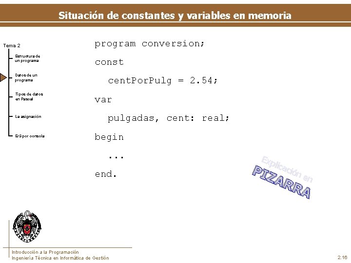 Situación de constantes y variables en memoria Tema 2 Estructura de un programa Datos
