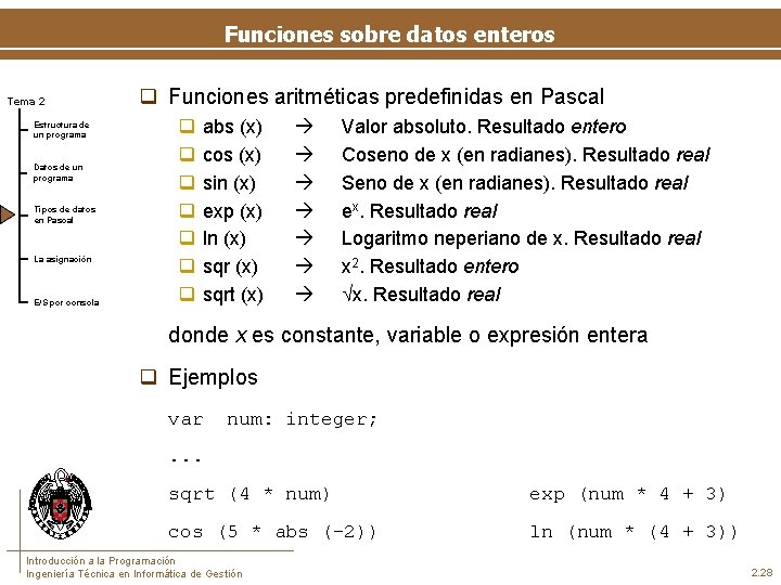 Funciones sobre datos enteros Tema 2 Estructura de un programa Datos de un programa