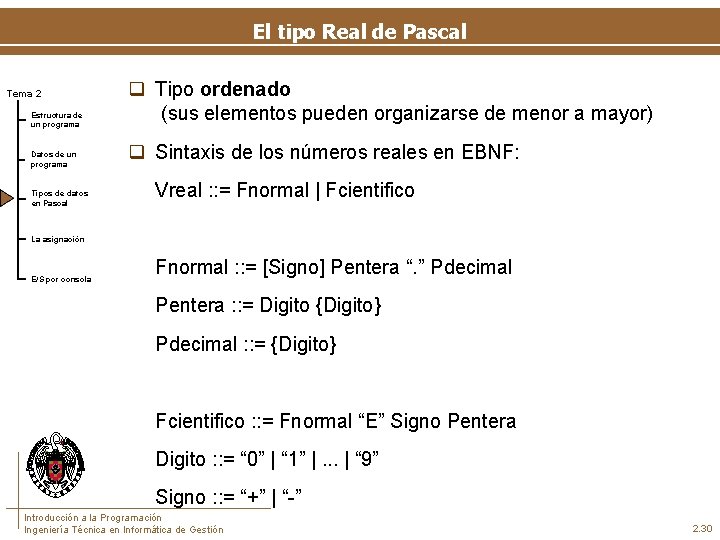 El tipo Real de Pascal Tema 2 Estructura de un programa Datos de un