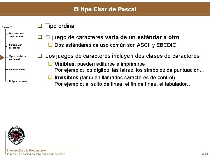 El tipo Char de Pascal Tema 2 Estructura de un programa Datos de un