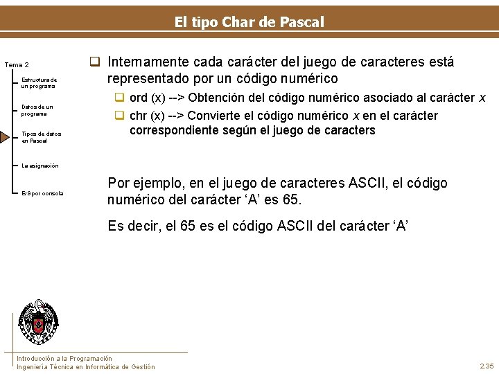 El tipo Char de Pascal Tema 2 Estructura de un programa Datos de un