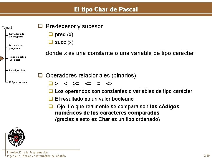 El tipo Char de Pascal Tema 2 Estructura de un programa Datos de un