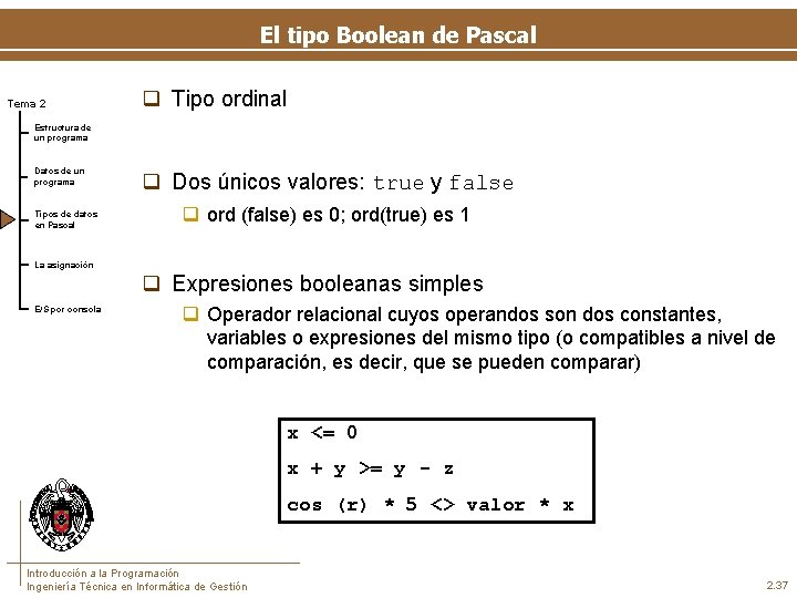 El tipo Boolean de Pascal Tema 2 q Tipo ordinal Estructura de un programa