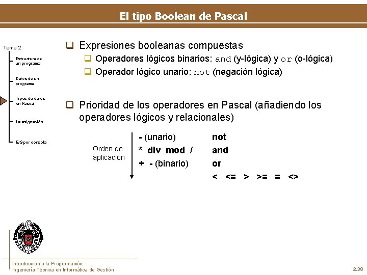 El tipo Boolean de Pascal Tema 2 Estructura de un programa Datos de un