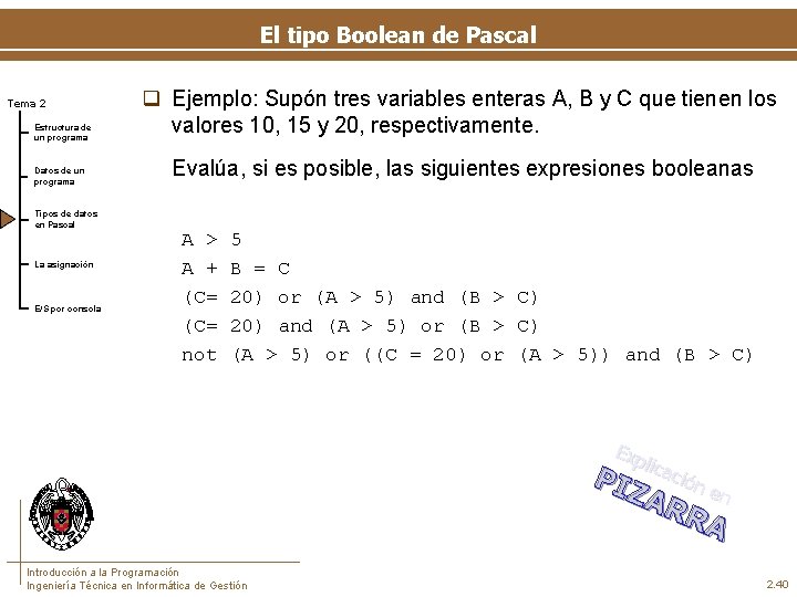 El tipo Boolean de Pascal Tema 2 Estructura de un programa Datos de un