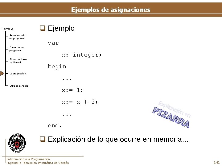 Ejemplos de asignaciones Tema 2 Estructura de un programa Datos de un programa Tipos