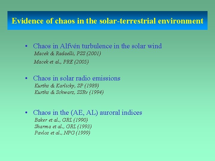 Evidence of chaos in the solar-terrestrial environment • Chaos in Alfvén turbulence in the