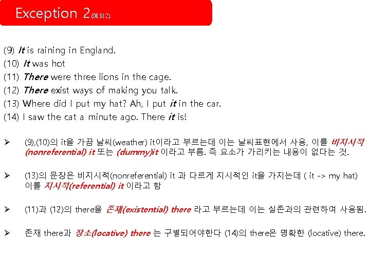 Exception 2(예외 2) (9) It is raining in England. (10) It was hot (11)