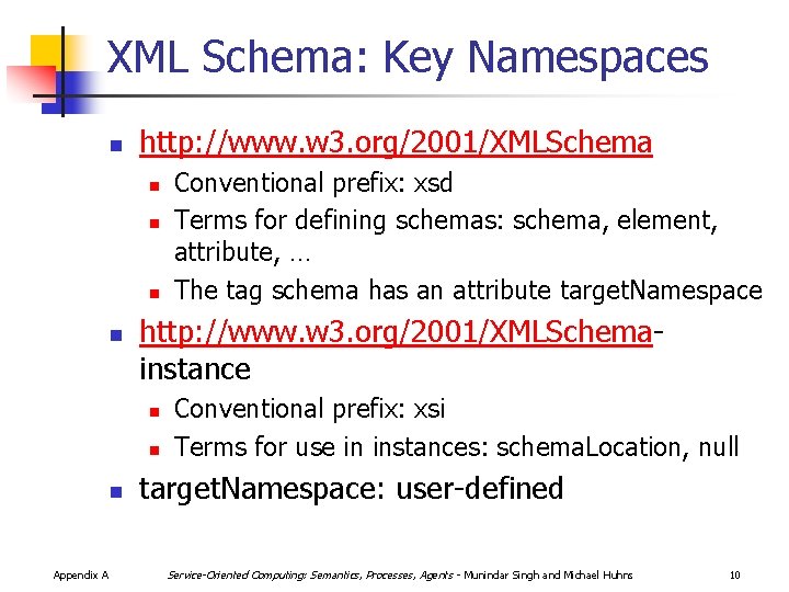 XML Schema: Key Namespaces n http: //www. w 3. org/2001/XMLSchema n n http: //www.