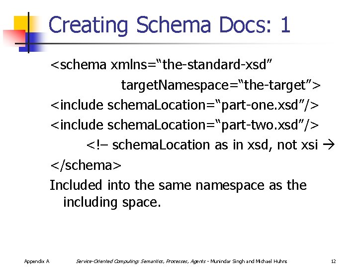 Creating Schema Docs: 1 <schema xmlns=“the-standard-xsd” target. Namespace=“the-target”> <include schema. Location=“part-one. xsd”/> <include schema.