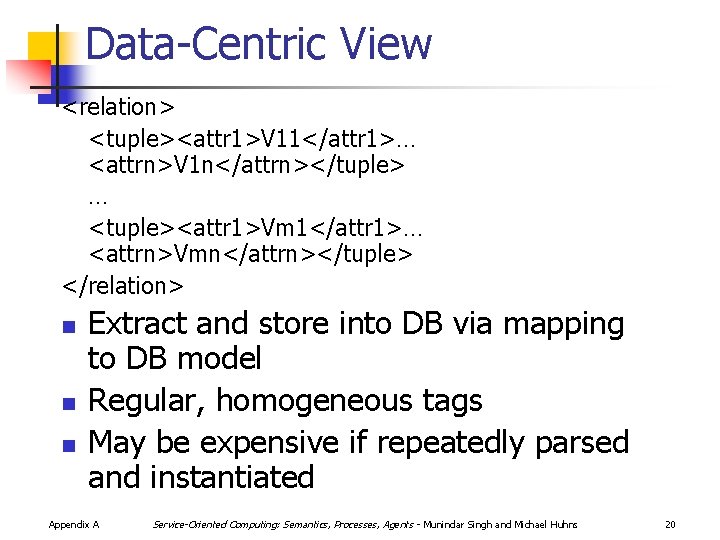 Data-Centric View <relation> <tuple><attr 1>V 11</attr 1>… <attrn>V 1 n</attrn></tuple> … <tuple><attr 1>Vm 1</attr