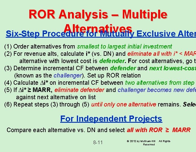 ROR Analysis – Multiple Alternatives Six-Step Procedure for Mutually Exclusive Alter (1) Order alternatives