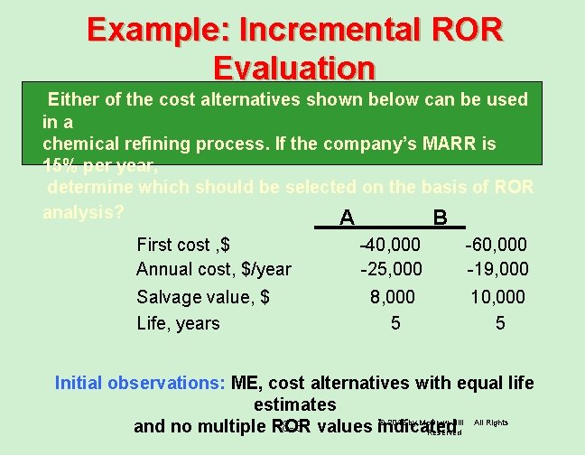 Example: Incremental ROR Evaluation Either of the cost alternatives shown below can be used