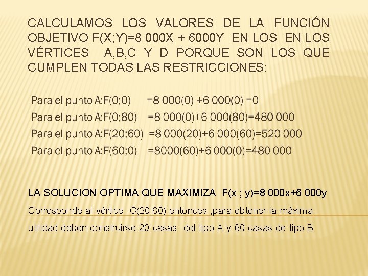 CALCULAMOS LOS VALORES DE LA FUNCIÓN OBJETIVO F(X; Y)=8 000 X + 6000 Y