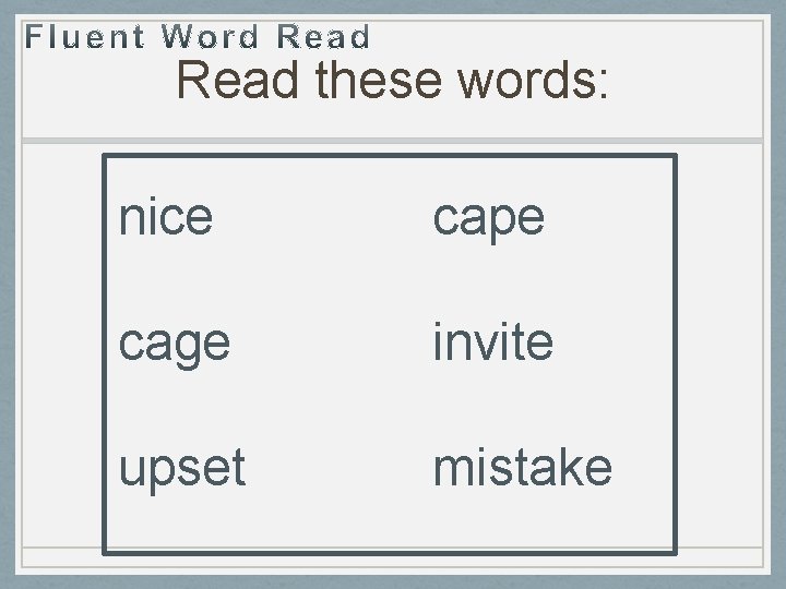 Read these words: nice cape cage invite upset mistake 