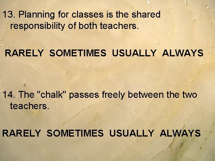 13. Planning for classes is the shared responsibility of both teachers. RARELY SOMETIMES USUALLY 13. Planning for classes is the shared responsibility of both teachers. RARELY SOMETIMES USUALLY