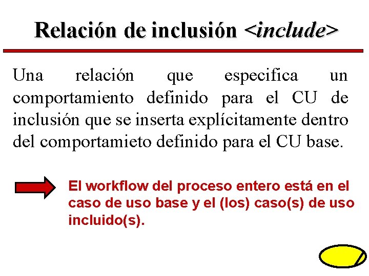 Relación de inclusión <include> Una relación que especifica un comportamiento definido para el CU