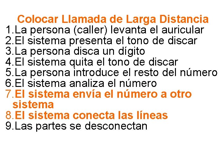 Colocar Llamada de Larga Distancia 1. La persona (caller) levanta el auricular 2. El