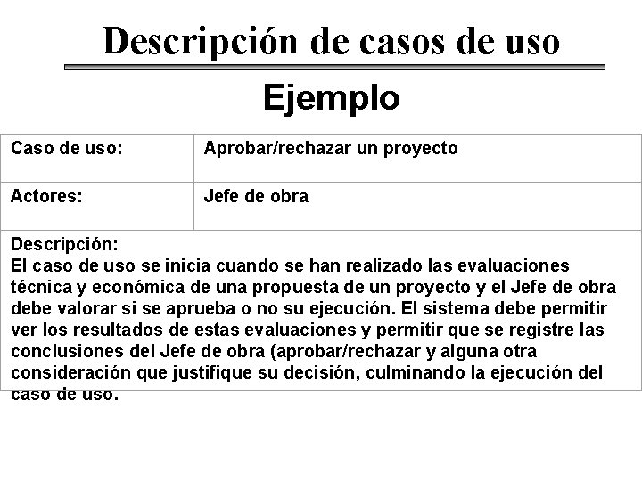 Descripción de casos de uso Ejemplo Caso de uso: Aprobar/rechazar un proyecto Actores: Jefe