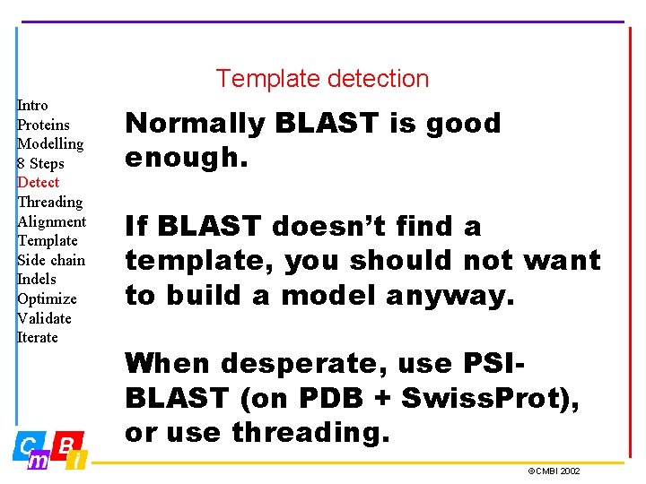 Template detection Intro Proteins Modelling 8 Steps Detect Threading Alignment Template Side chain Indels