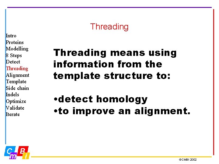 Threading Intro Proteins Modelling 8 Steps Detect Threading Alignment Template Side chain Indels Optimize