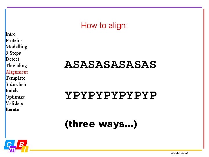 How to align: Intro Proteins Modelling 8 Steps Detect Threading Alignment Template Side chain